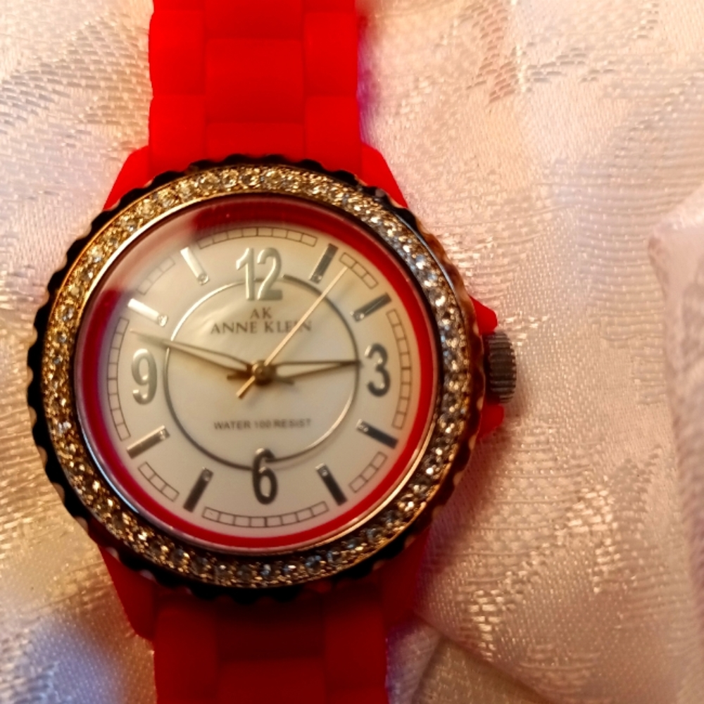 Anne Klein rhinestone pink water resistant rubber material band sporty